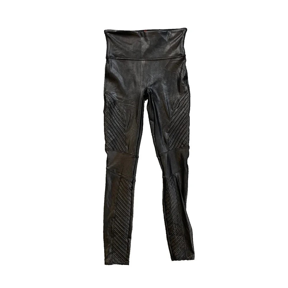 Spanx Leggings Womens S Small Black Faux Leather Moto Coated Wide Waistband